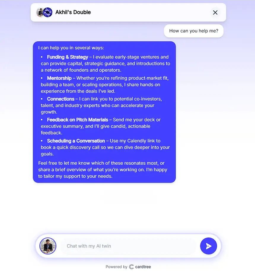 A screenshot of the Cardtree AI twin platform, where the AI provides instant, expert answers to complex visitor questions 24/7.