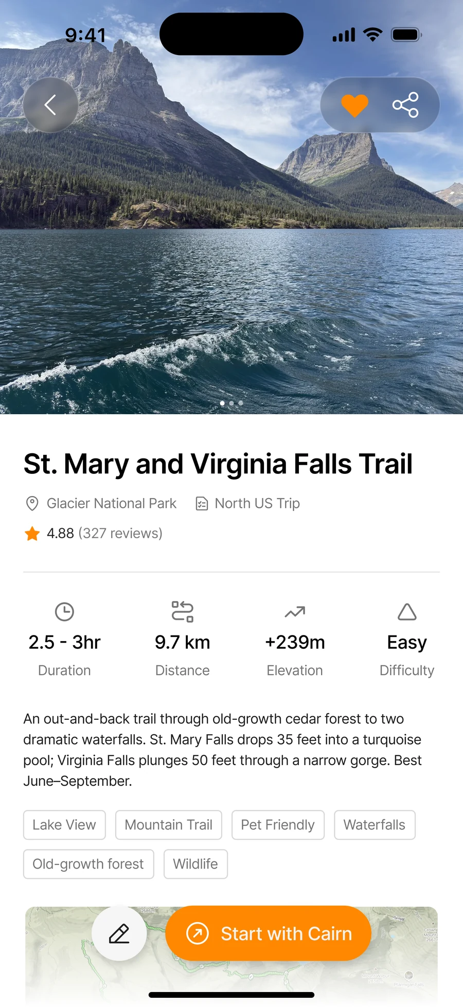 Phone trail-detail screen with route overview and start action.