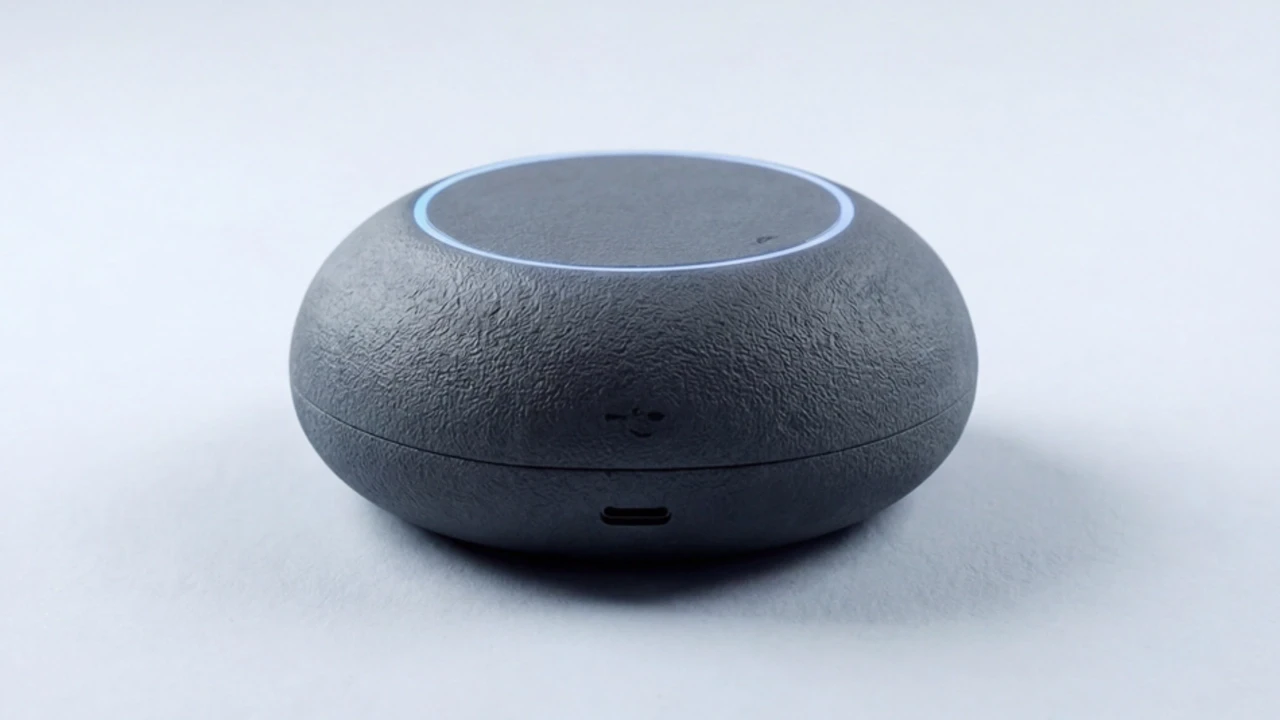 A textured dark grey smart sleep device with a glowing blue ring on a light blue block.