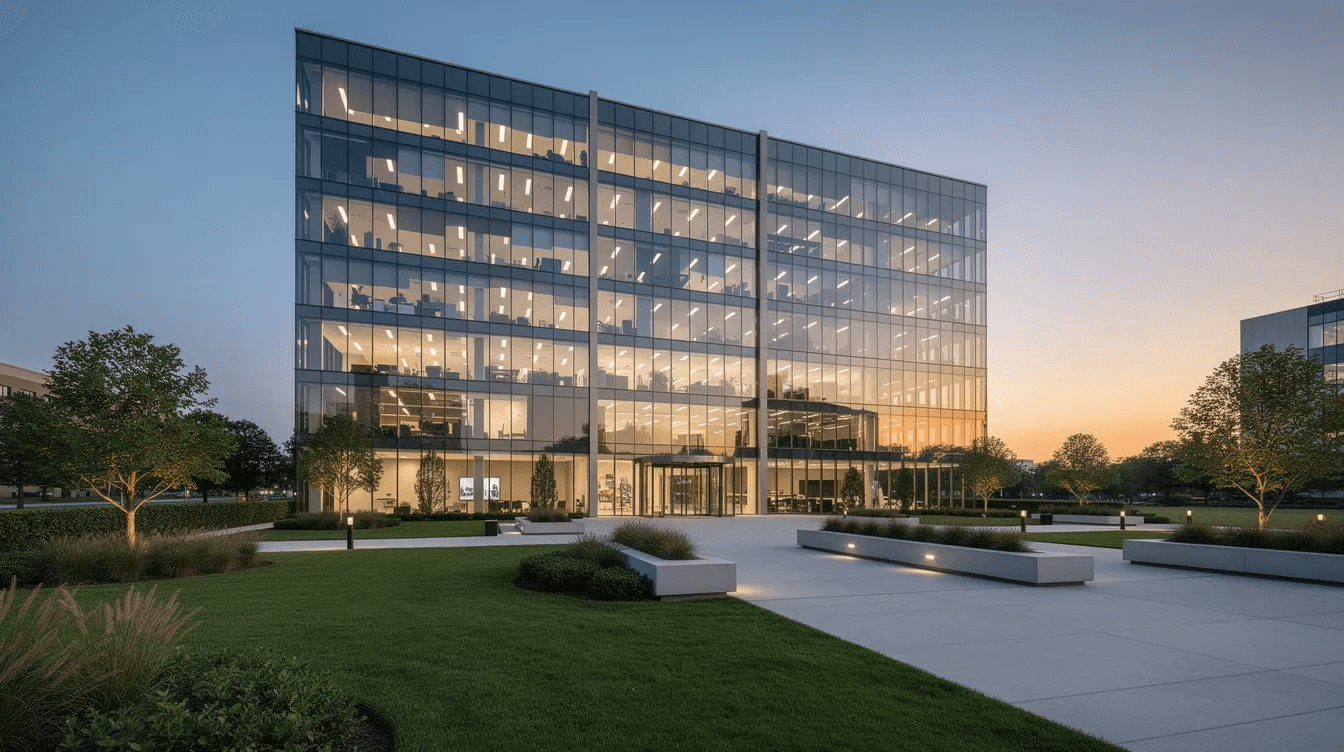 The image depicts a modern commercial office building featuring a sleek glass facade that reflects the evening sky, surrounded by lush green landscaping. This architectural design symbolizes the integration of digital twin technology, enhancing operational efficiency and promoting sustainable practices within urban environments.