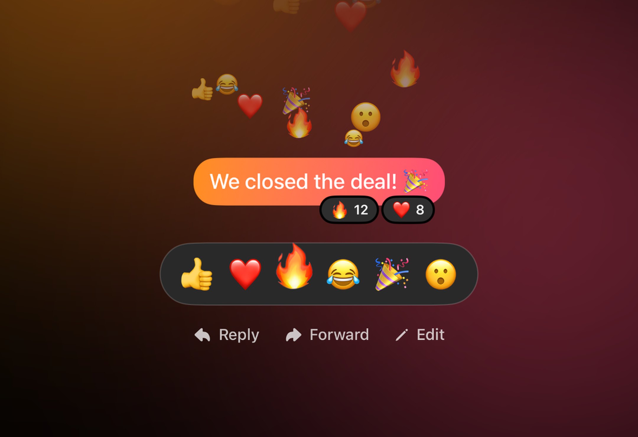 "We closed the deal!" message in SRG+ with emoji reactions and reply, forward and edit actions