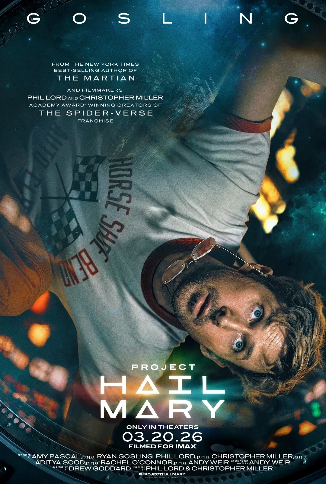 A man in a futuristic space setting, wearing a spacesuit with a "Norse Check" emblem, floats weightlessly inside a spacecraft with digital interfaces around, promoting the movie "Project Hail Mary," slated for theatrical release on March 20, 2026.