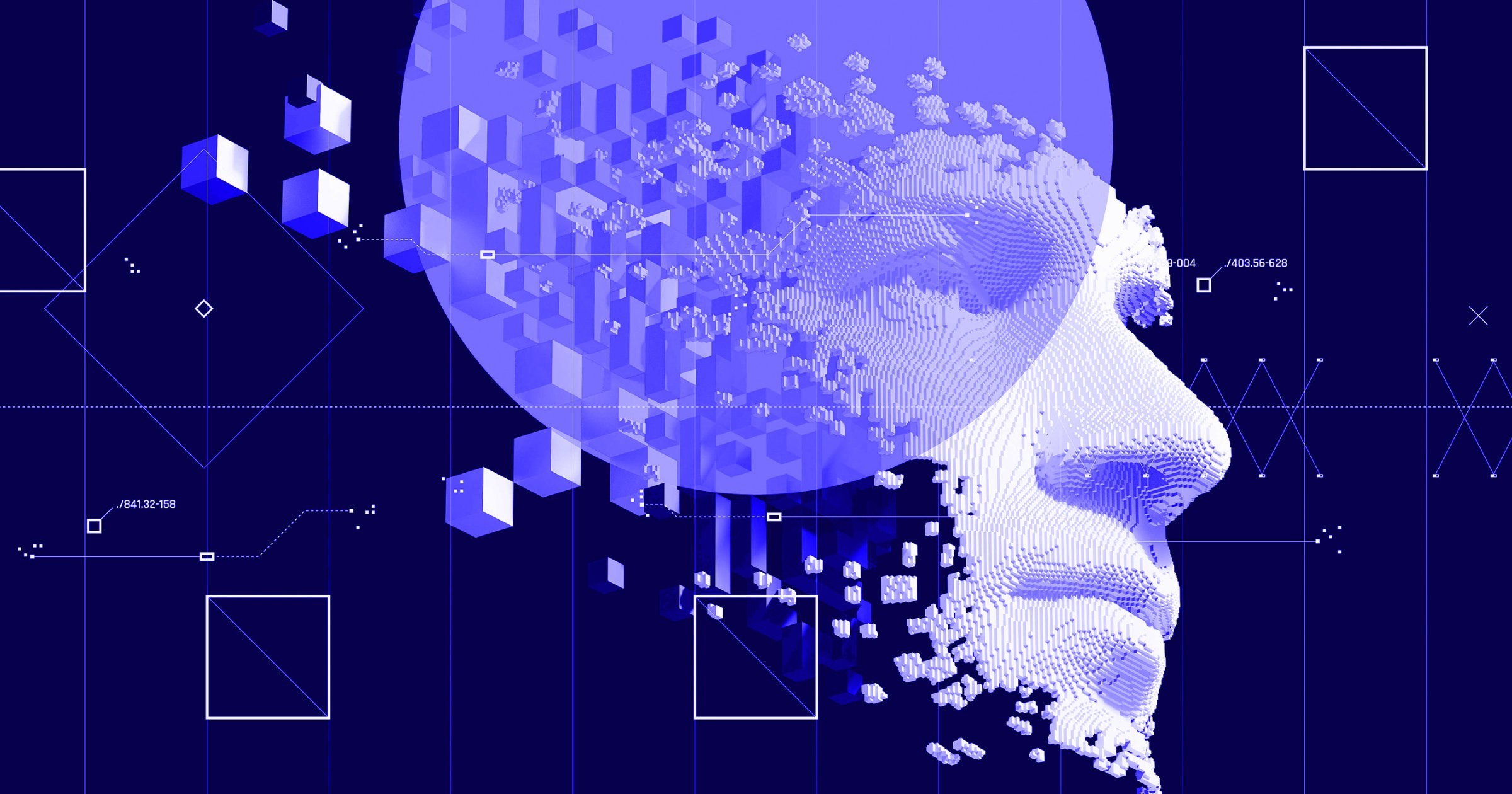 A digital illustration of an abstract human face made of geometric blocks and particles, representing anti financial crime technology and the rising supervisory demands in 2024.