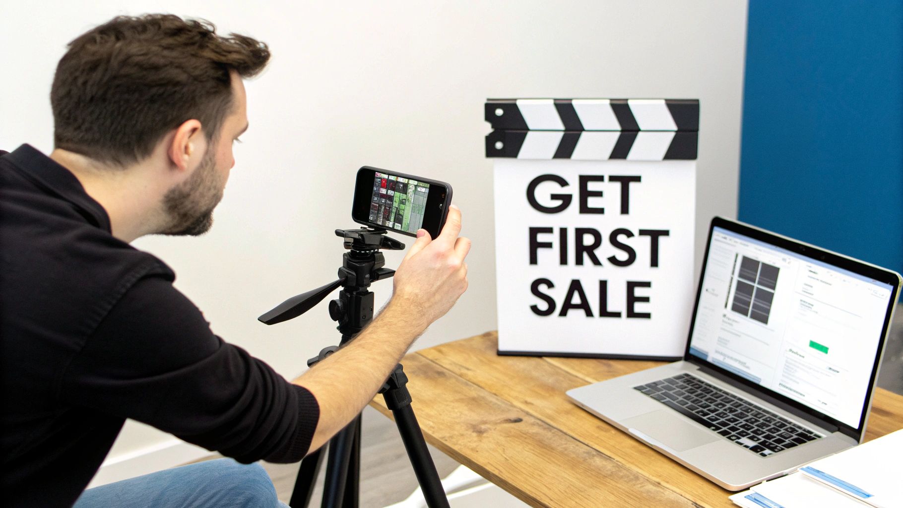 Man filming smartphone video content on tripod for dropshipping business with laptop and clapperboard