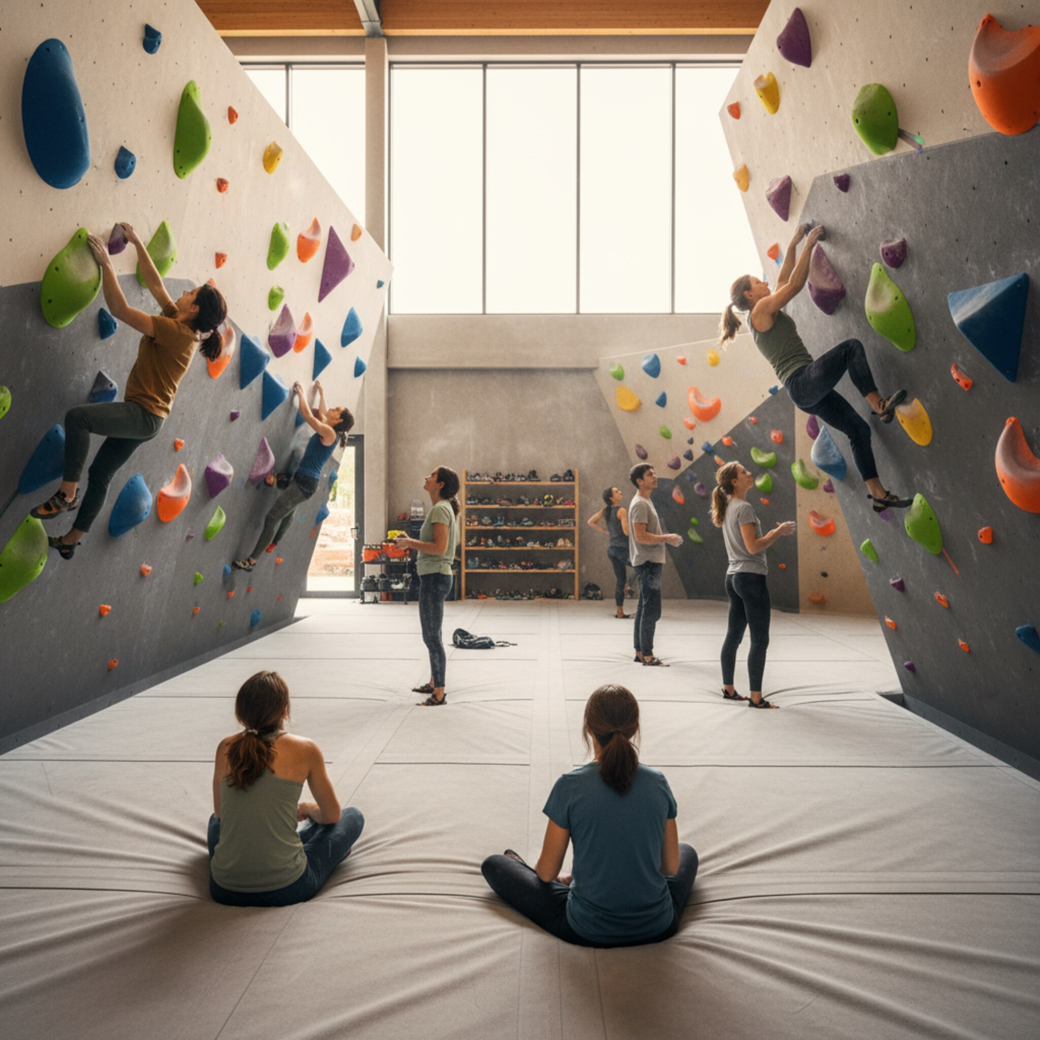Ein weiter Blick über die Boulderfläche zeigt gleichmäßig verteilte Athletinnen und Athleten. Zwischen den Linien bleibt bewusst Raum, die Matte ist sauber und ruhig. Warmes Licht betont Struktur und Griff-Farben. Die Szene vermittelt geordnete Belegung und angenehme Trainingsbedingungen.