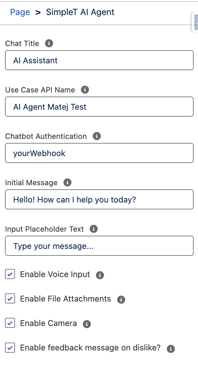 SimpleT AI Agent Component Properties and Interface