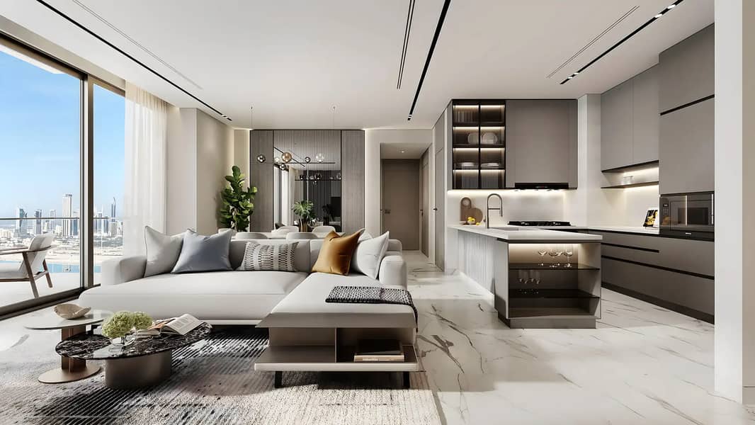 Luxury apartment living room at Mansory Residences, featuring a stunning city view through large windows.