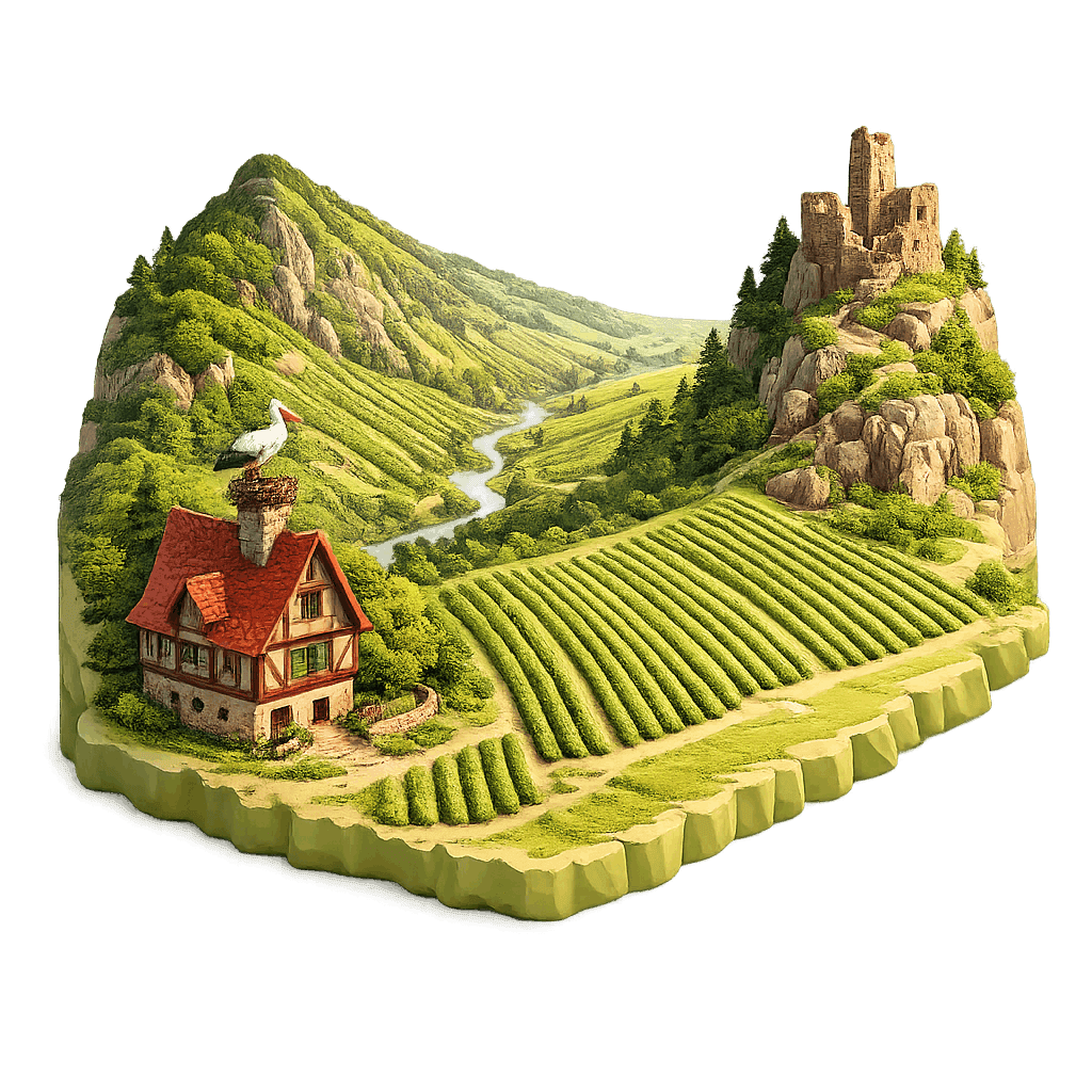 Artistic illustration of the Alsace wine region.
