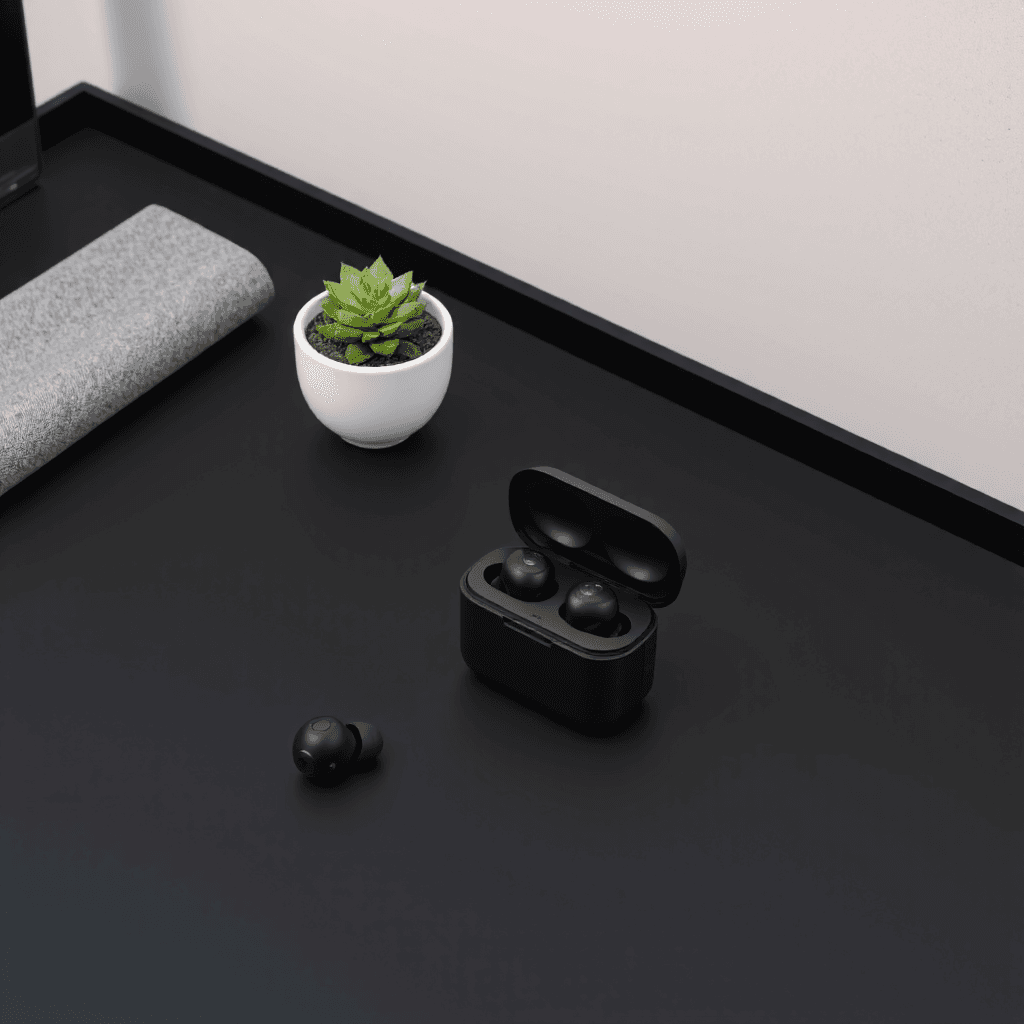 product photography of wireless earbuds charging case