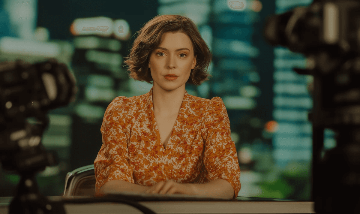 A woman with short brown hair, wearing a floral orange dress, sits at a news desk. She looks serious. Blurred cityscape and cameras surround her.
