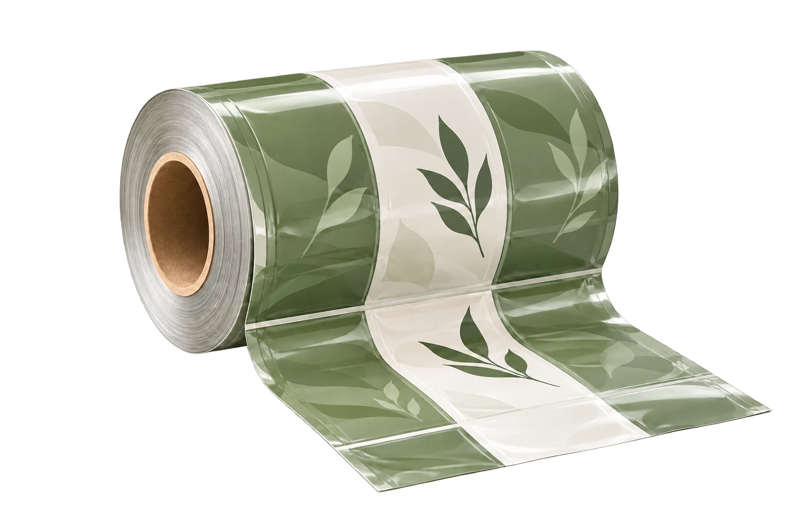 Product visualization of a printed packaging film roll with cardboard core and an unrolled tail, isolated on a transparent background.