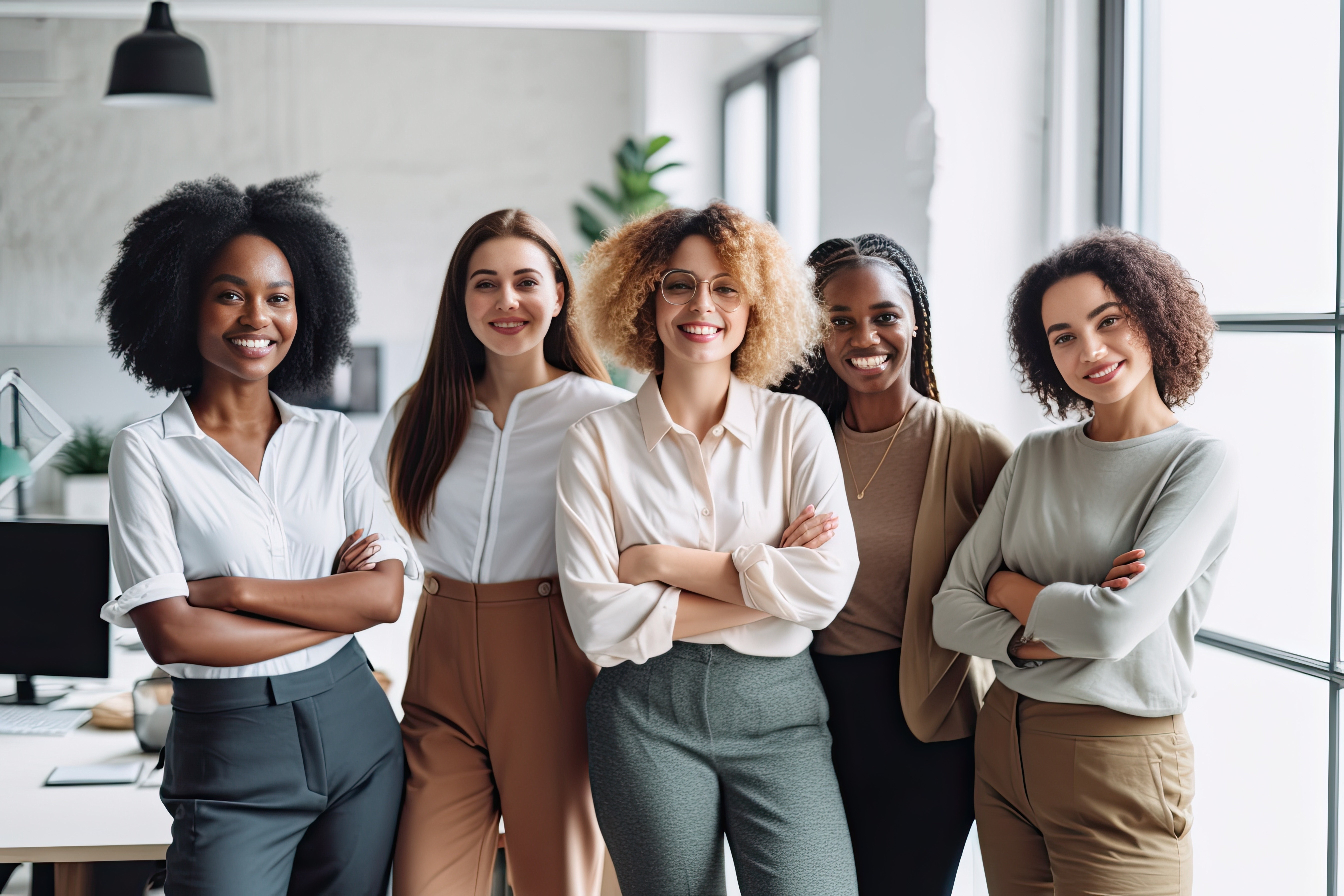 A imagem retrata cinco mulheres em um ambiente de escritório moderno, todas em pé e sorrindo, com posturas confiantes e braços cruzados, transmitindo um forte senso de união e liderança. As roupas delas são profissionais e elegantes, em tons neutros, destacando a harmonia visual entre o grupo. Cada uma tem um estilo de cabelo único, celebrando a diversidade. Ao fundo, podemos ver janelas grandes que deixam a luz natural iluminar o espaço, reforçando a atmosfera acolhedora e produtiva. A cena simboliza a força e a diversidade da liderança feminina no ambiente corporativo.