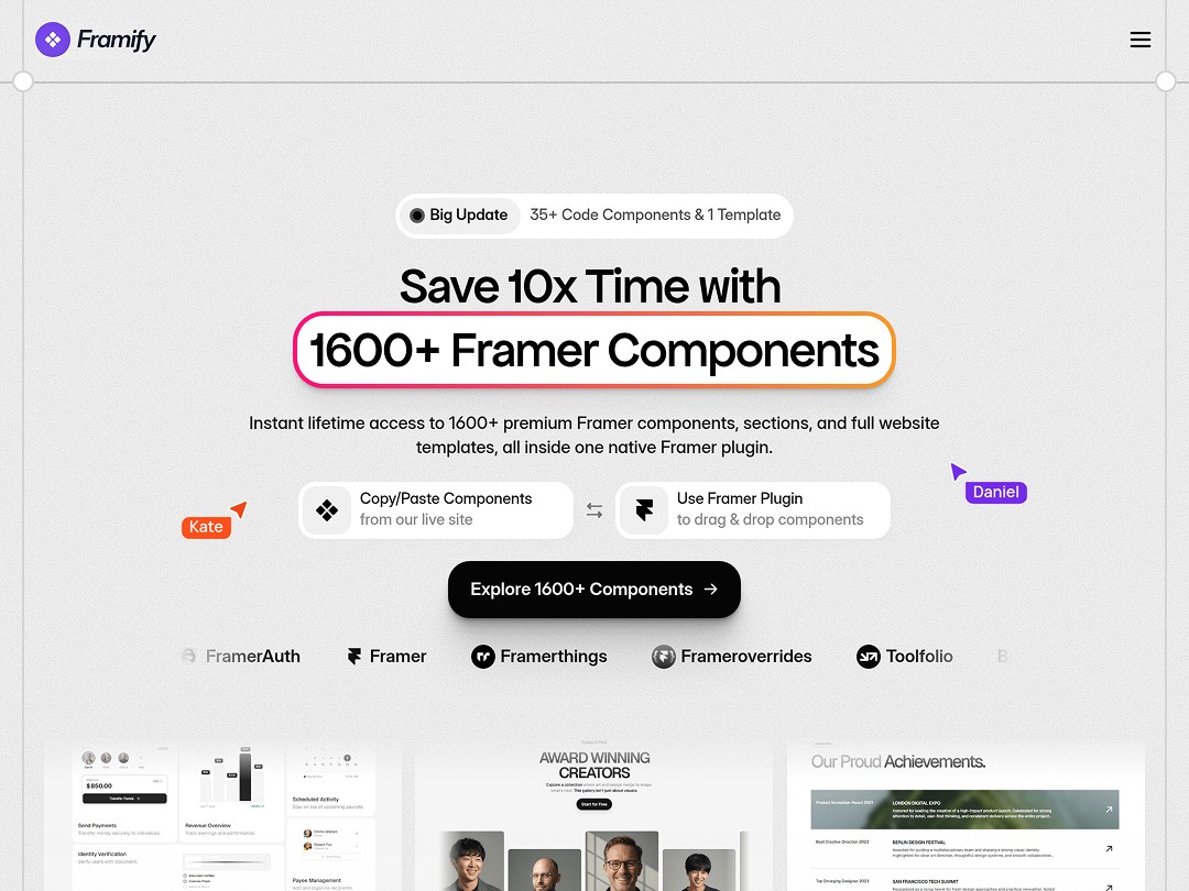 Framify advertisement for 1600+ Framer components and site templates.