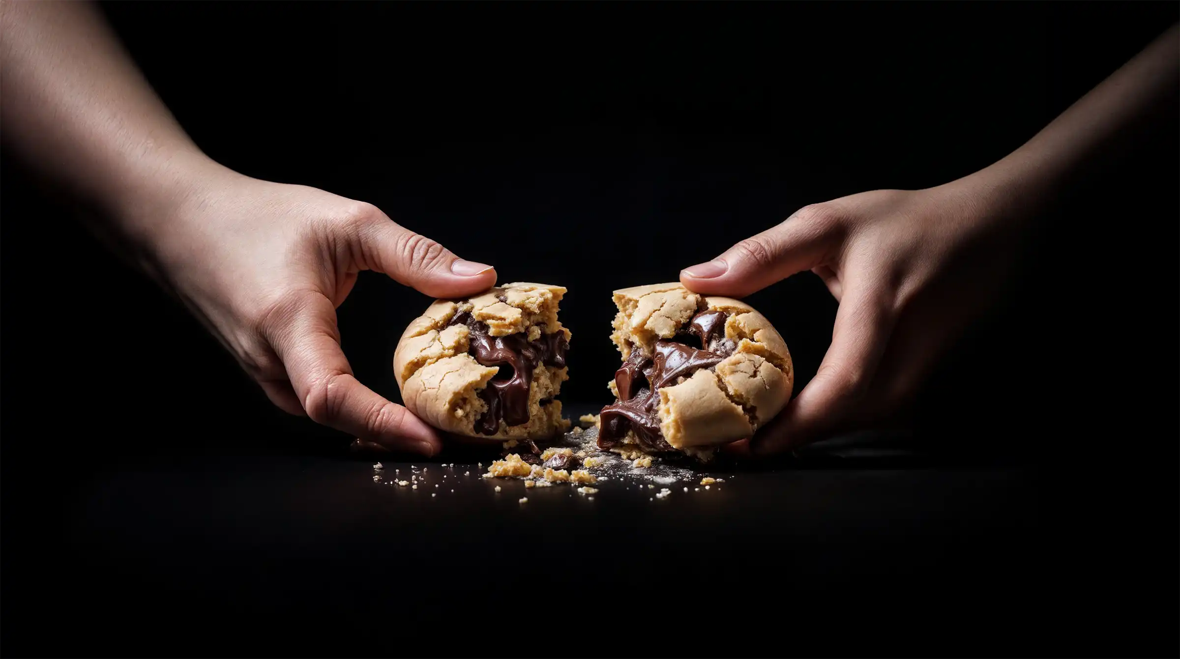 2 handen breken een chocoladekoekje