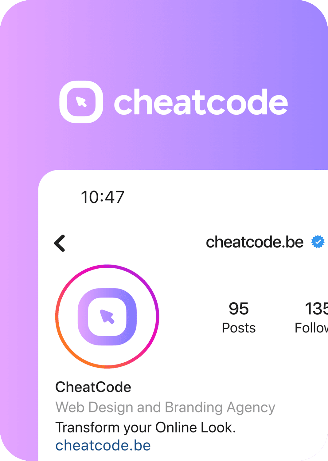 Smartphone screen showing the CheatCode Instagram profile with posts and branding.