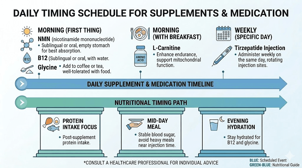 Daily supplement timing schedule for NAD+ and tirzepatide combination protocol