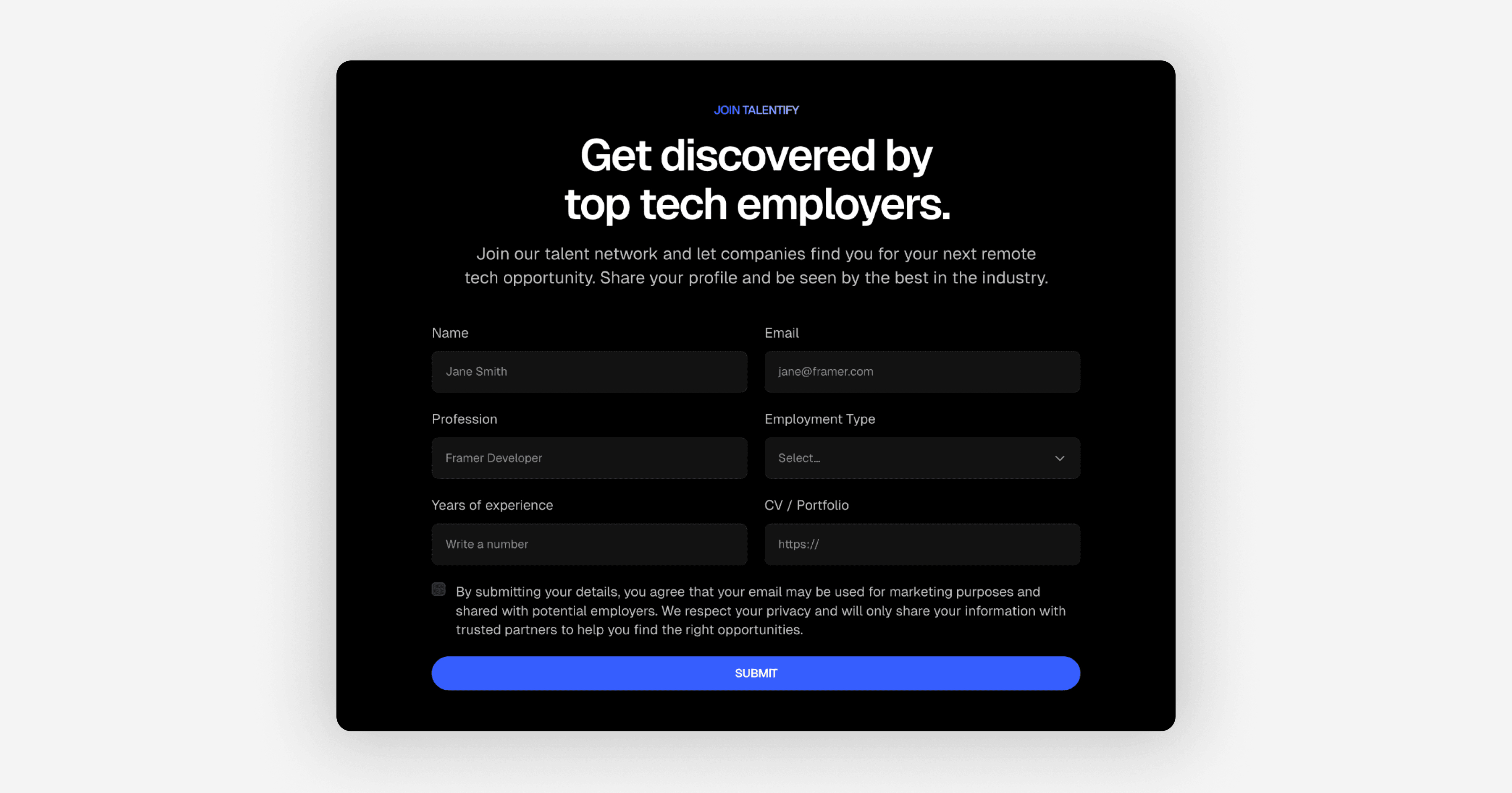 Contact form made in Framer