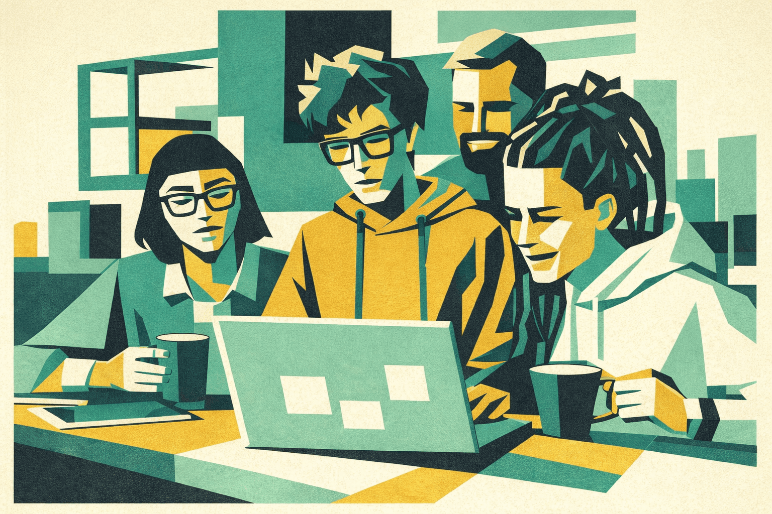 Gruppo di professionisti over 30 in confronto davanti al computer, momento di riflessione e ripartenza professionale