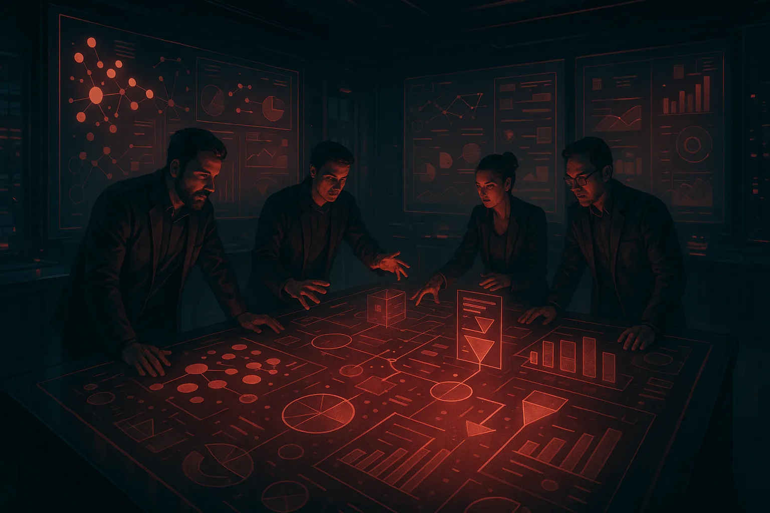 RockN' Socials team strategizing digital marketing on a glowing data table.