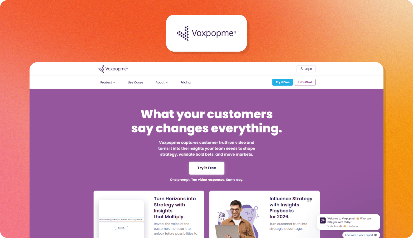 Screenshot of the Voxpopme homepage, featuring the headline "What your customers say changes everything." on a purple background. The page describes Voxpopme as capturing customer truth on video and turning it into insights to shape strategy, validate bold bets, and move markets, with the tagline "One prompt. Ten video responses. Same day." Two feature cards are partially visible at the bottom: "Turn Horizons Into Strategy with Insights that Multiply" and "Influence Strategy with Insights Playbooks for 2026." The Voxpopme logo — a purple geometric dot pattern — appears above the browser screenshot on a dark background.