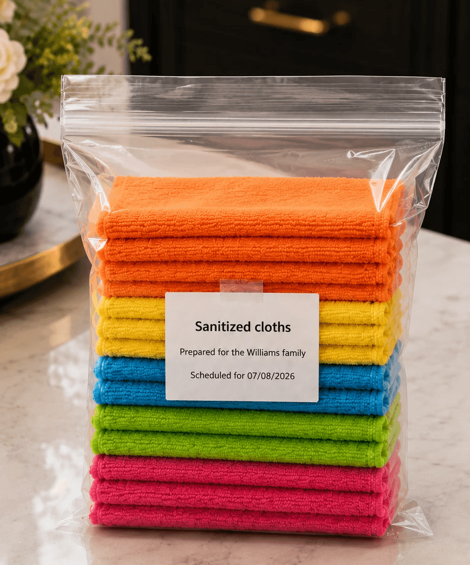 Sanitized microfiber cloths prepared exclusively for each Aureon Property Care client.