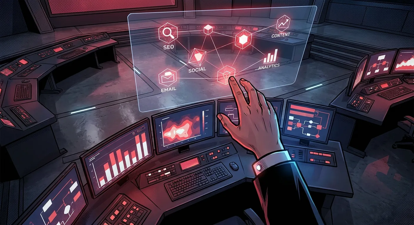 Hand interacts with digital dashboard at RockN' Socials, a Digital Marketing Agency.