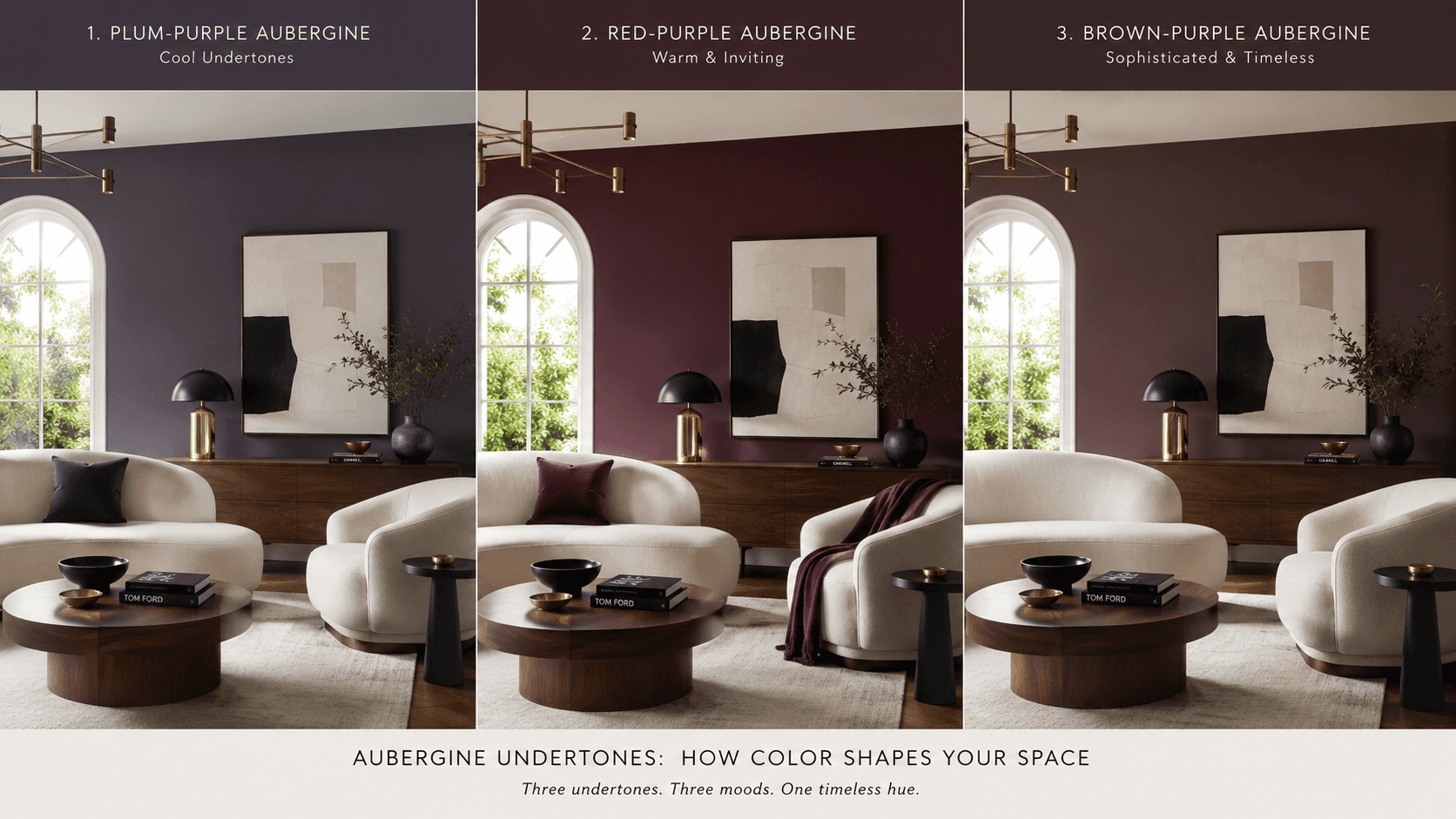Comparison of three aubergine wall paint undertones in a modern living room: plum-purple with cool undertones, red-purple with warm and inviting undertones, and brown-purple with sophisticated and timeless undertones. Each room features contemporary furniture, wood coffee tables, and abstract wall art, demonstrating how different aubergine shades shape interior design moods.