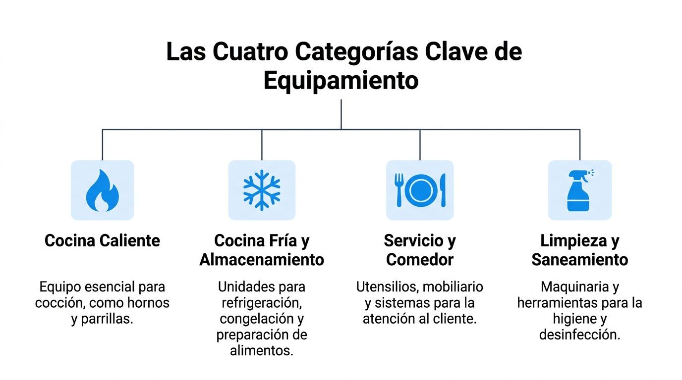 Un diagrama que ilustra las cuatro categorías clave de equipamiento para restaurantes: cocina caliente, fría, servicio y limpieza.