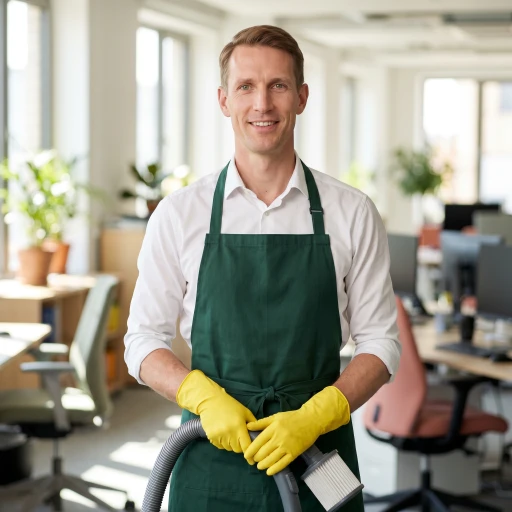 Man in green apron and yellow gloves holding a vacuum cleaner in an office.