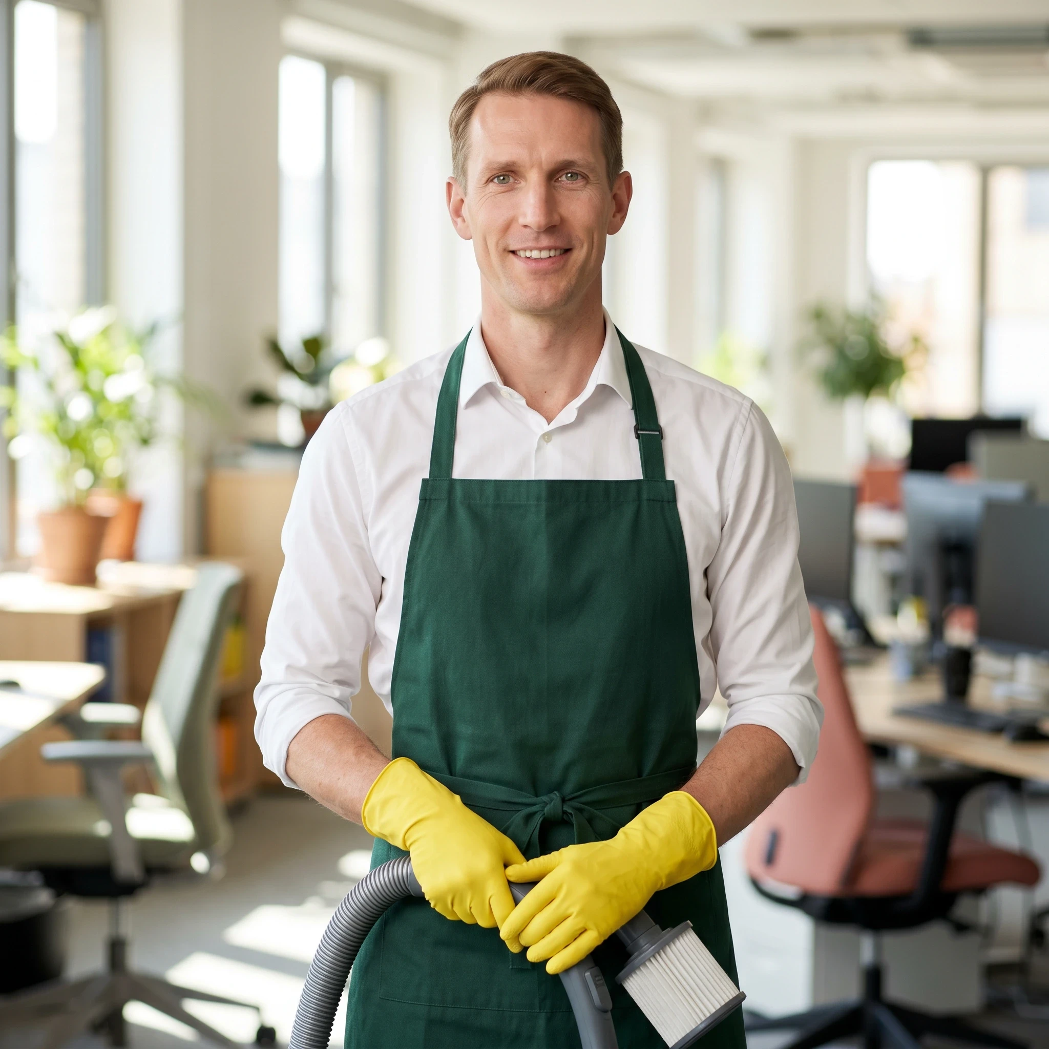 Man in green apron and yellow gloves holding a vacuum cleaner in an office.