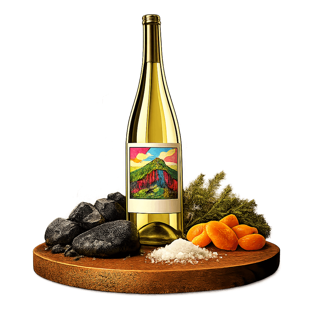 Artistic label and flavor profile for Hungarian Somló White on a rustic wooden table.
