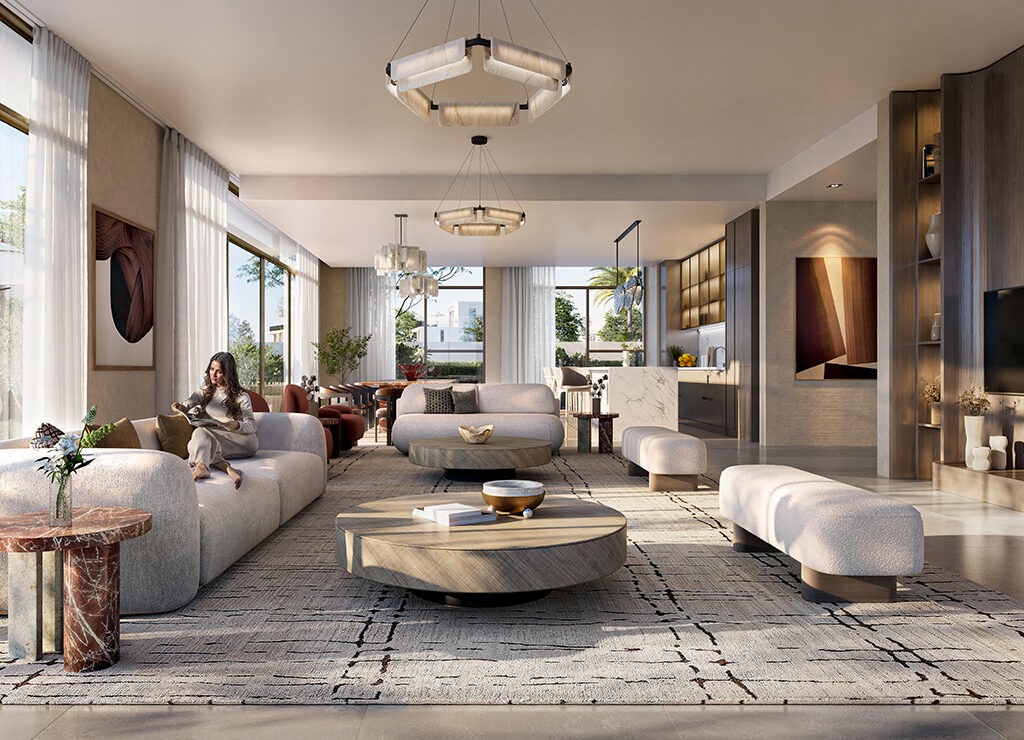 Ovelle living room at The Valley featuring modern furniture, warm lighting, and a cozy atmosphere for relaxation.
