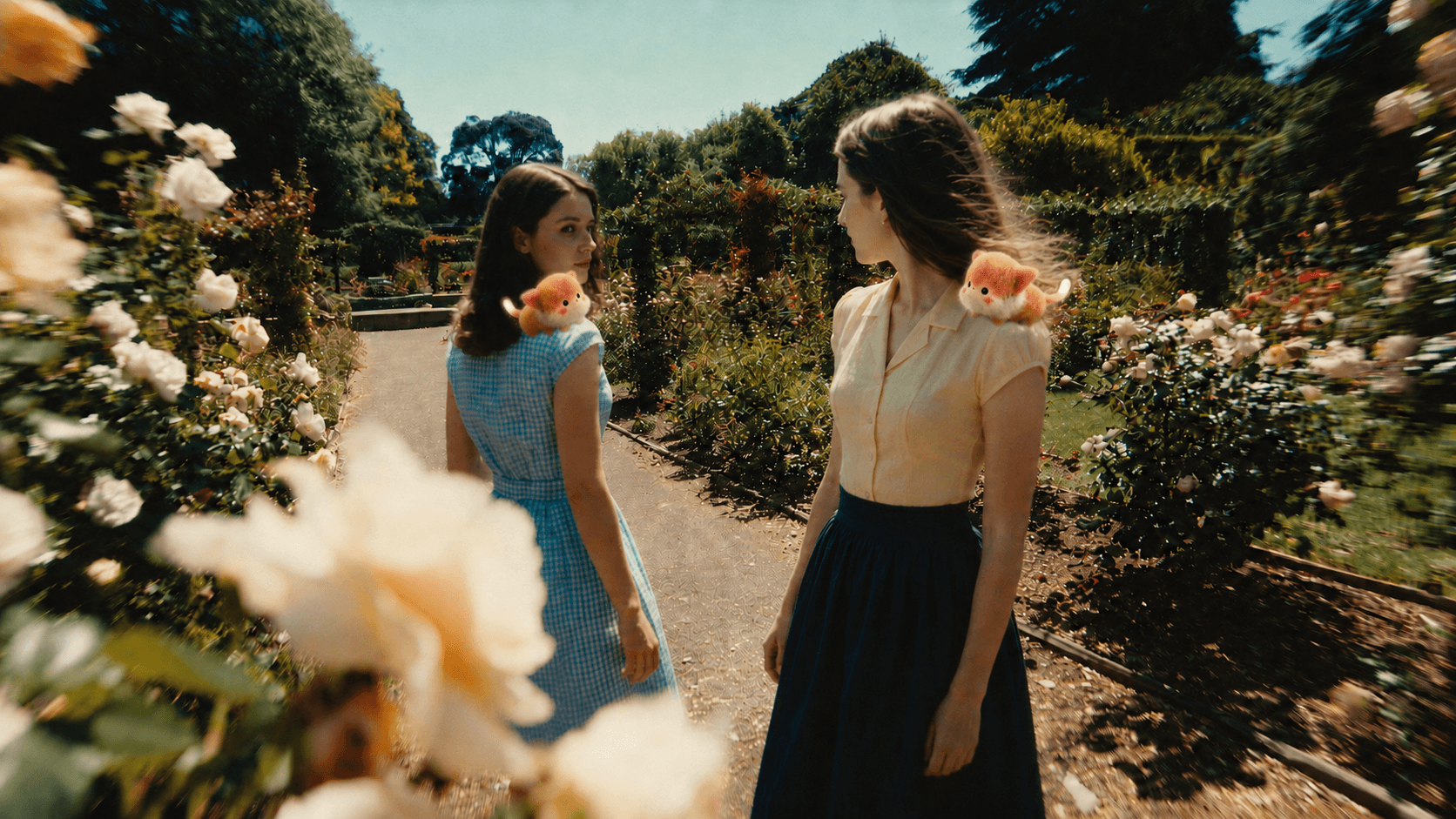 Two people connecting outdoors in a garden with Blinkko AI shoulder companion