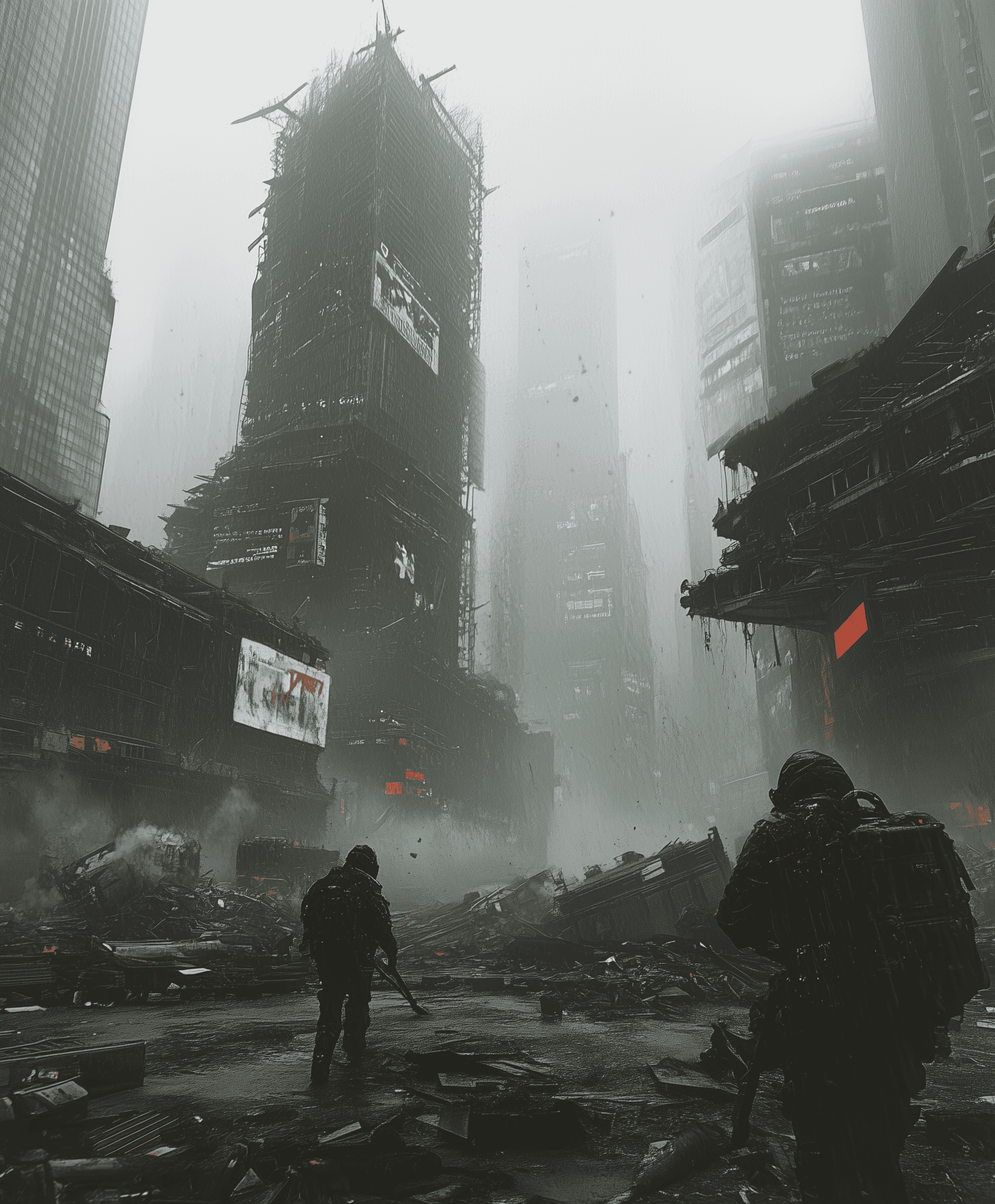 A post-apocalyptic cityscape, with towering skyscrapers and collapsed buildings amidst the backdrop of a gray sky. The scene captures an eerie silence as lone figures clean up the ruins, surrounded by debris and dust. It creates a sense of desolation in urban decay.