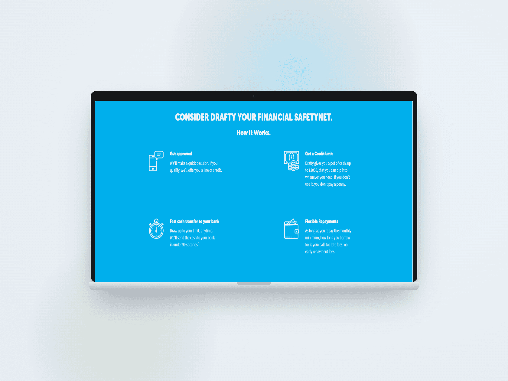 Drafty approval confirmation screen showing the payout timeline and app download prompt, alongside the mobile app onboarding screen.