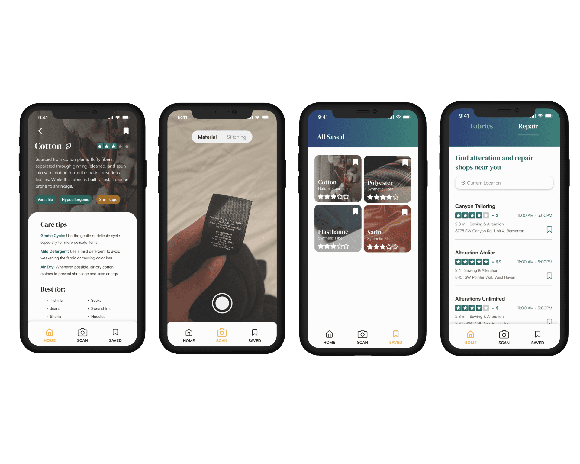 4 iphone mockup designs of a fabric app