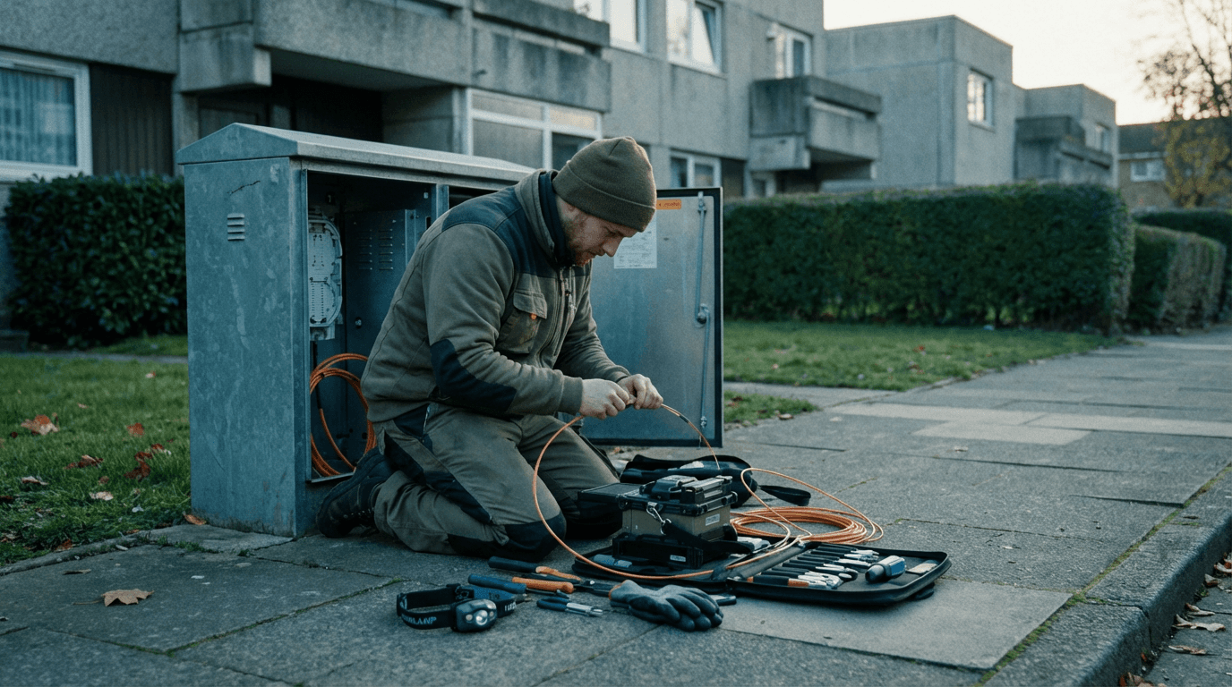 Technician installing fiberoptic cable in a modern high-end neighborhood