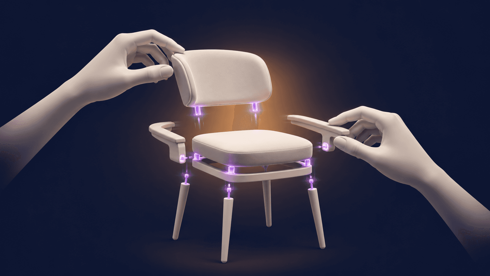 Hands assembling a 3D chair from floating parts, illustrating the ownership effect in product customization