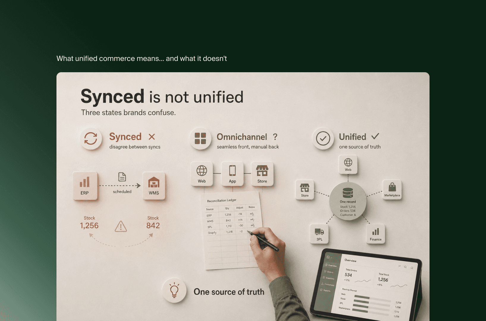 Diagram comparing synced, omnichannel and unified commerce, with unified built on one source of truth
