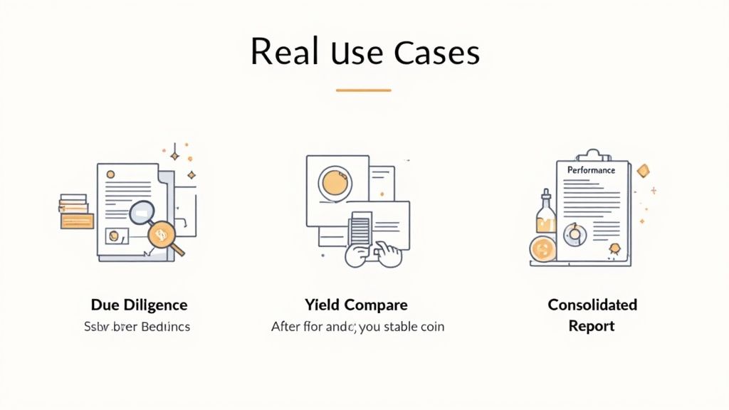 Three real use cases for a digital asset management platform: due diligence, yield comparison, and consolidated reports.