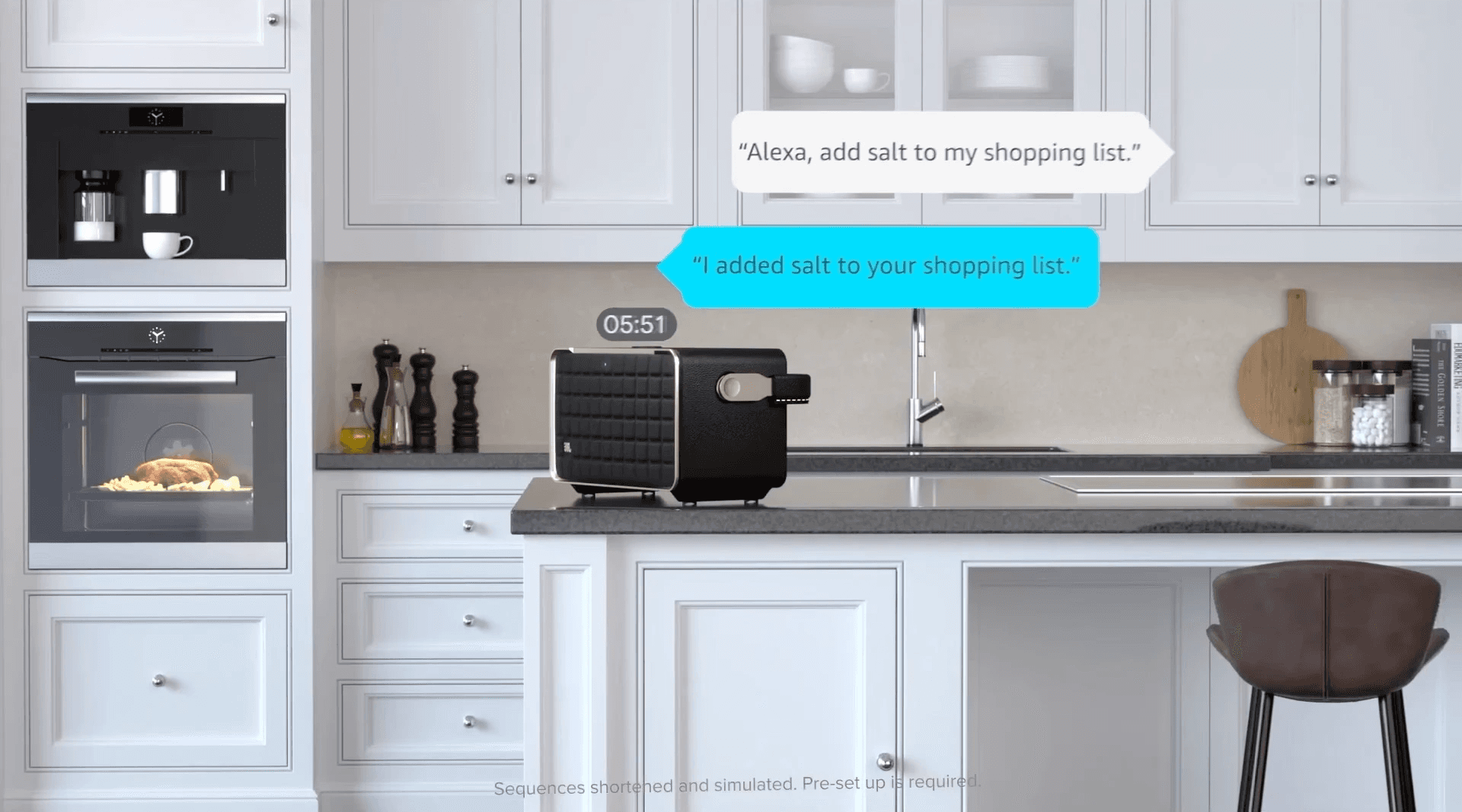 Asking Alexa to add an item to a shopping list, in the kitchen.