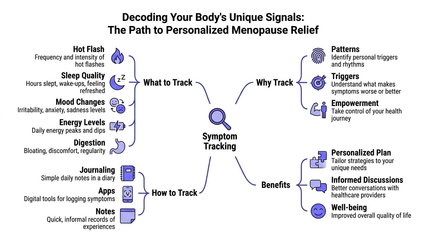 A mind map infographic outlining methods and benefits of tracking menopause symptoms for personalized health relief.