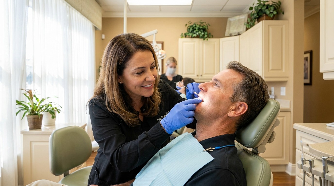 Palm Beach Gardens dentist gently checking the mobility of an adult patient's loose front tooth