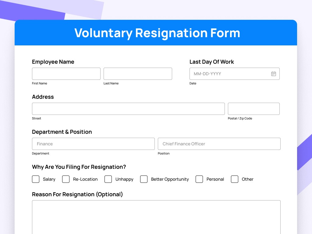 Voluntary resignation form template preview