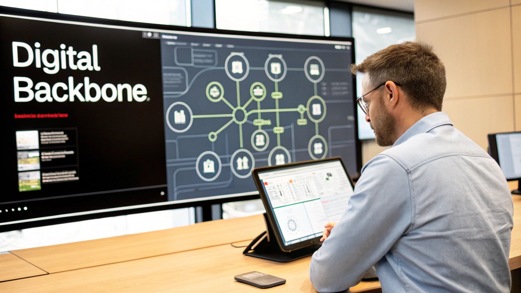 A man focused on multiple screens with 