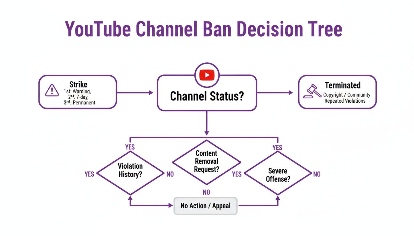 Flowchart illustrating YouTube channel ban decisions based on strikes, violations, content removal requests, and severe offenses.