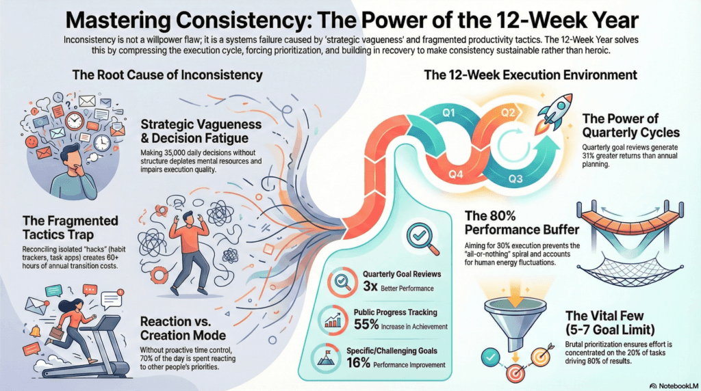 Using an integrated system such as the 12-week year to overcome inconsistency in professional life