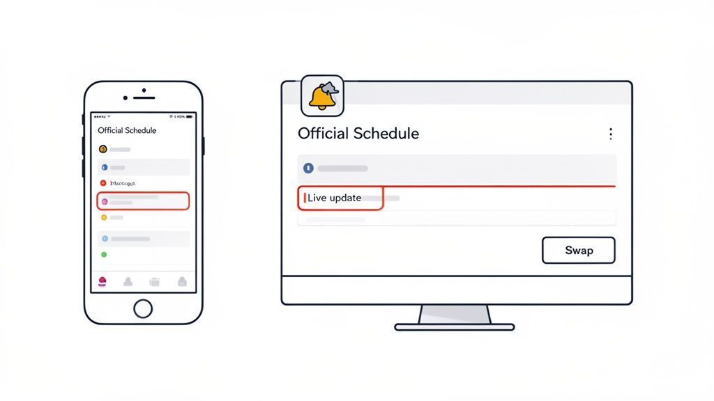 Digital devices display a live update on an official schedule for shift management.