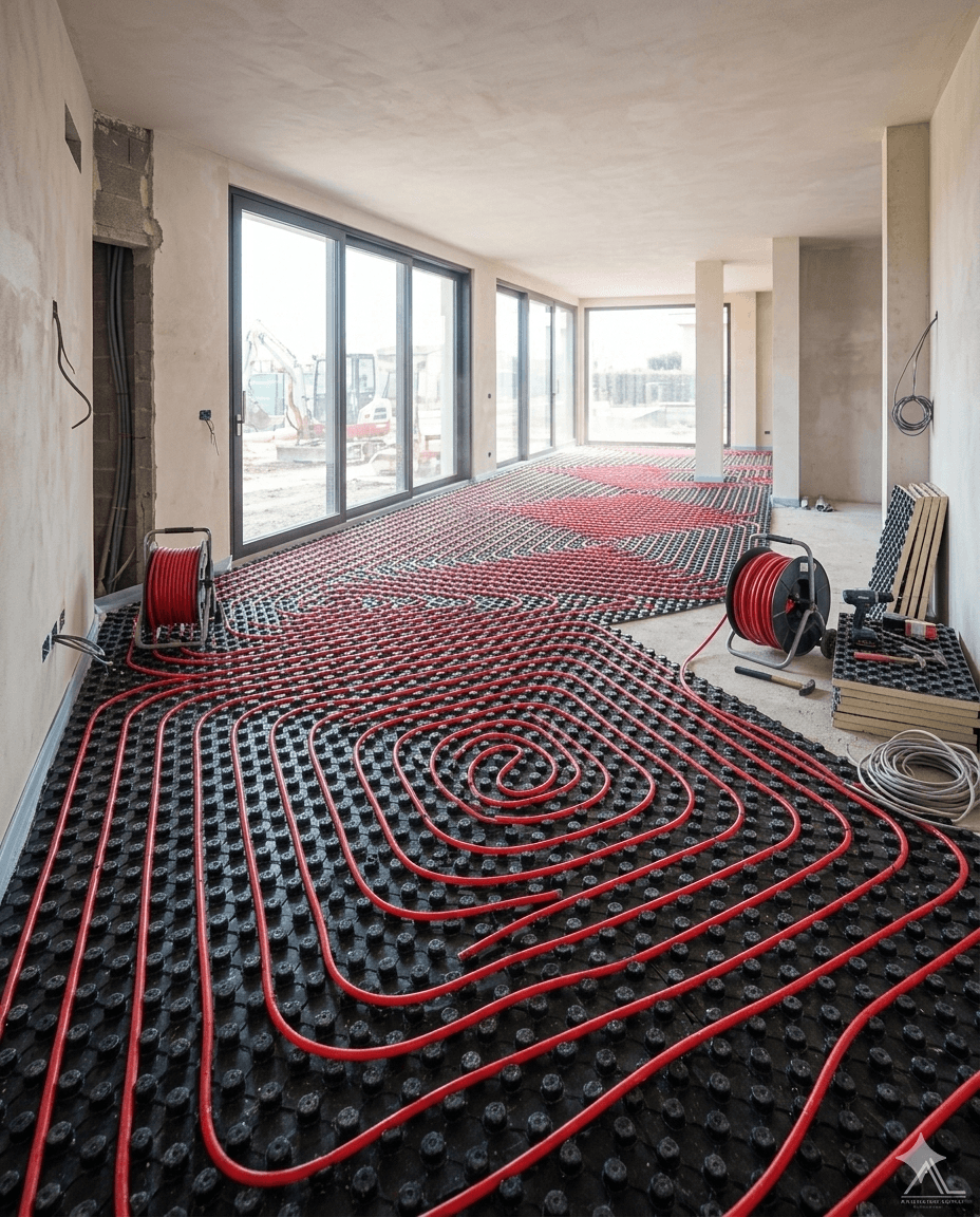 Installazione impianto di riscaldamento a pavimento radiante in abitazione con tubazioni su pannelli isolanti