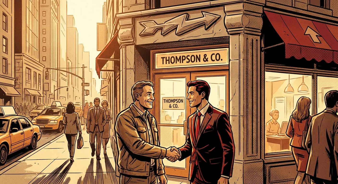 Business partners shake hands outside a city office. RockN' Socials, Digital Marketing Agency.